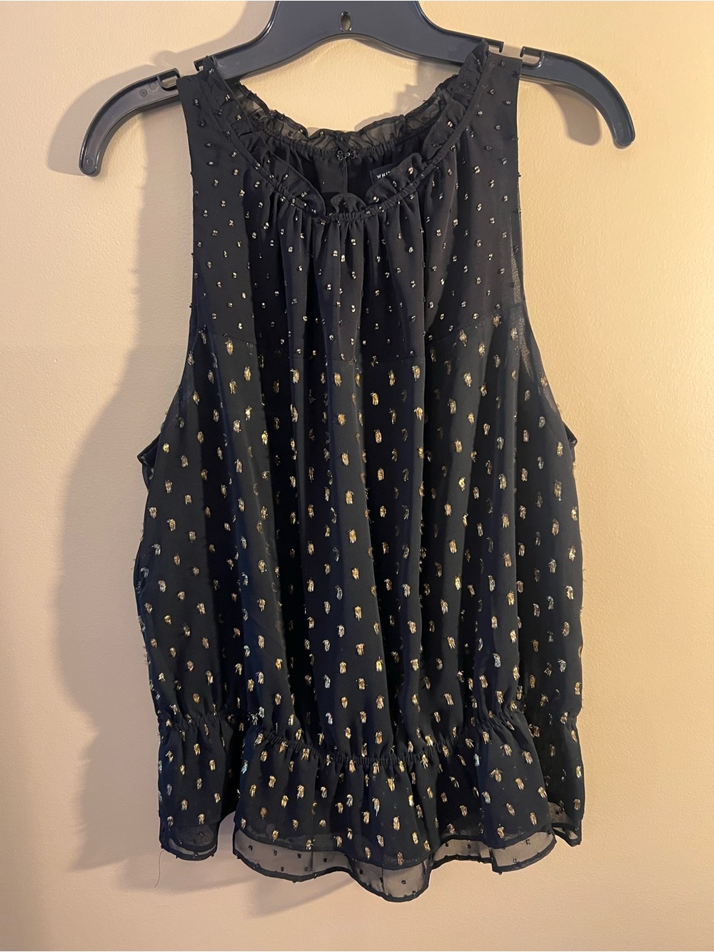 WHBM Black Sleeveless Ruffle Hem Blouse with Gold Dot Print
